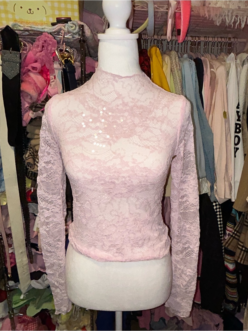 wild fable Light Pink Lace Long-Sleeve Mock Neck Top
